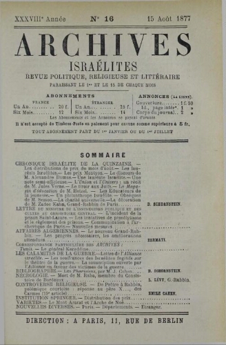 Archives israélites de France. Vol.38 N°16 (15 août 1877)